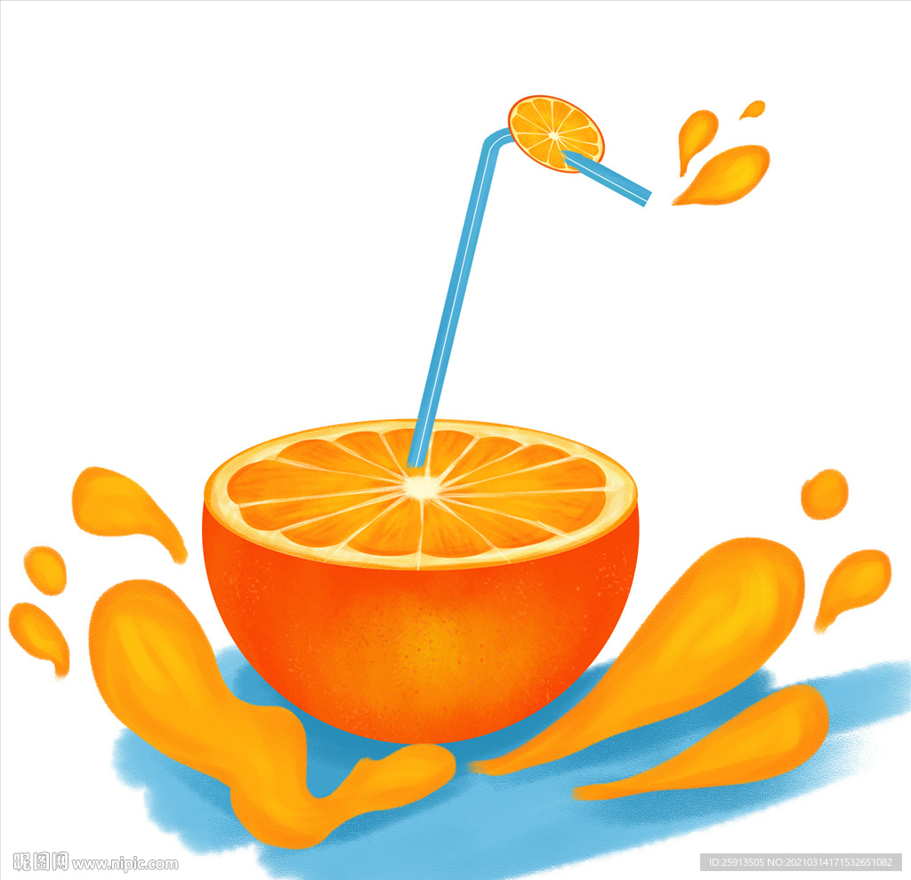 原创脐橙果汁手绘插画