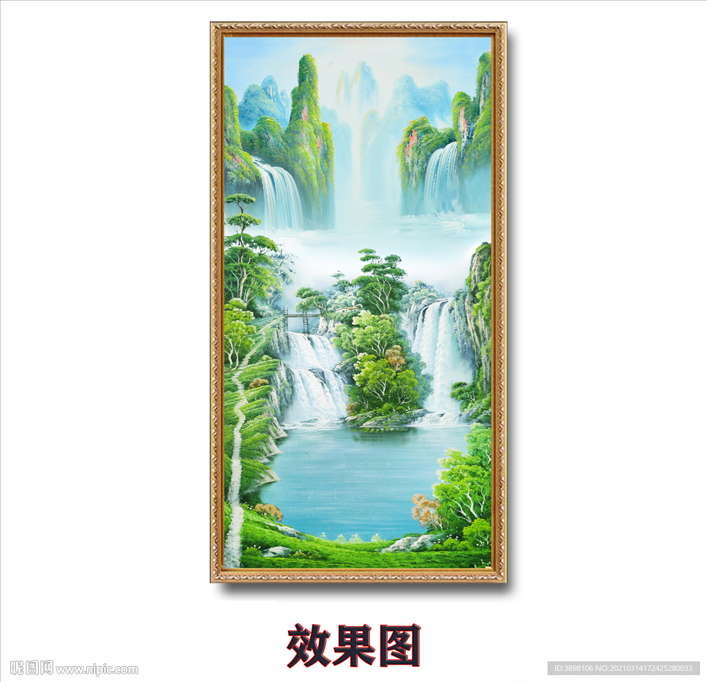 手绘青山绿水瀑布玄关装饰画