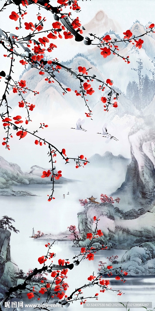 玄關(guān)水墨梅花迎春圖