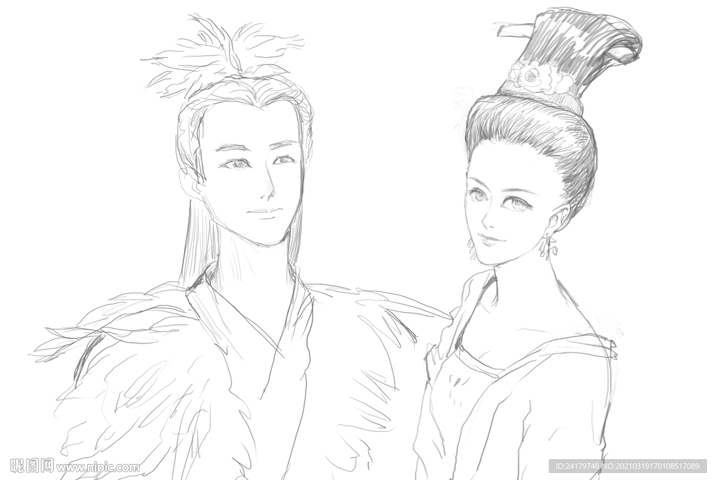 古風(fēng)男女唯美漫畫線稿