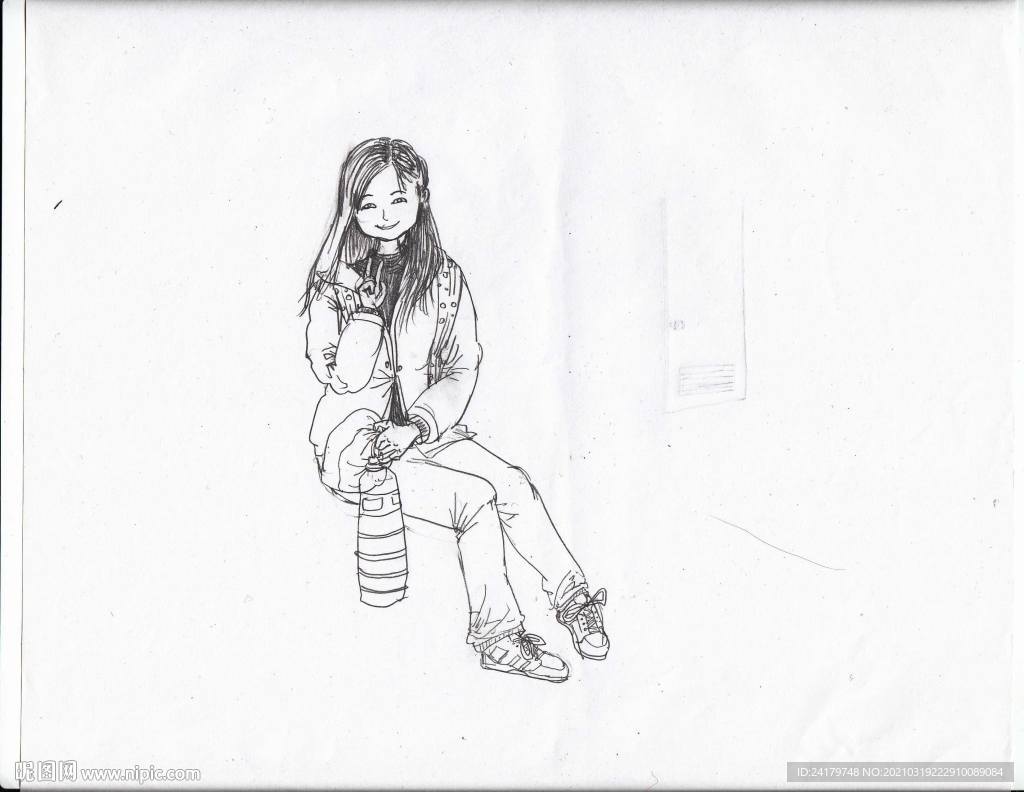 手绘女孩坐姿漫画黑白线稿