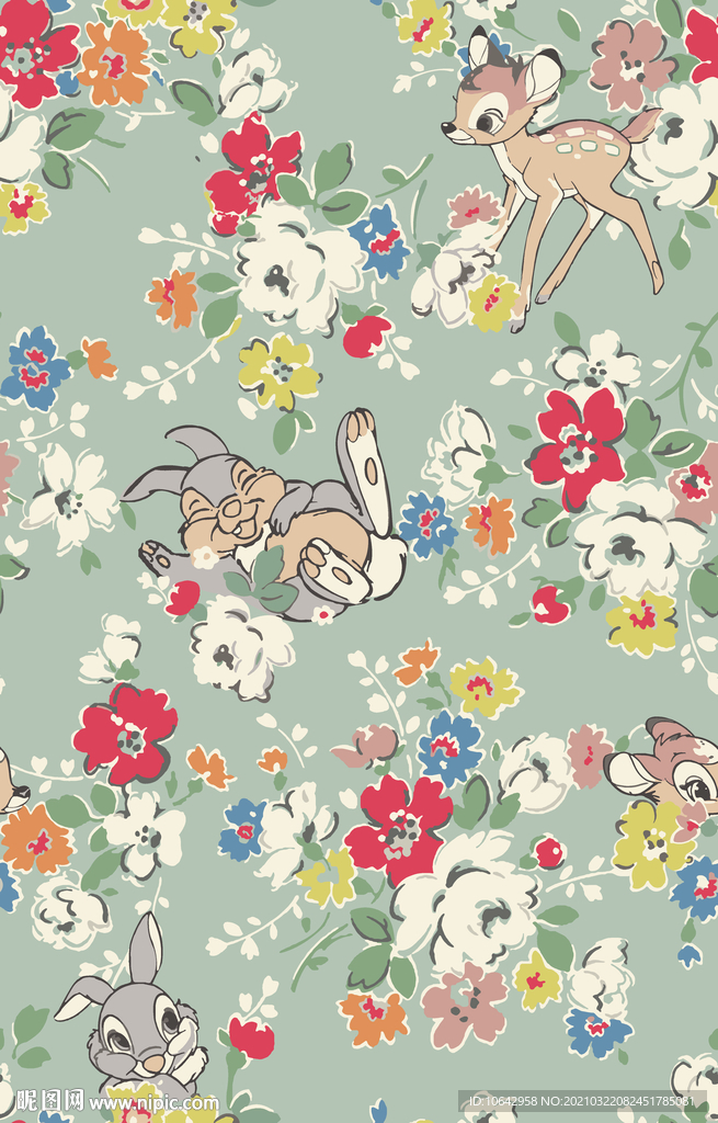 清新花卉兔子插画
