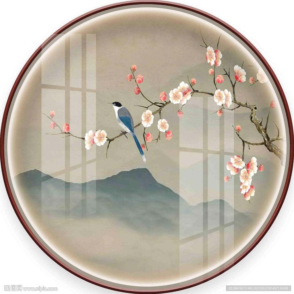 新中式意境花鸟圆形装饰画图片