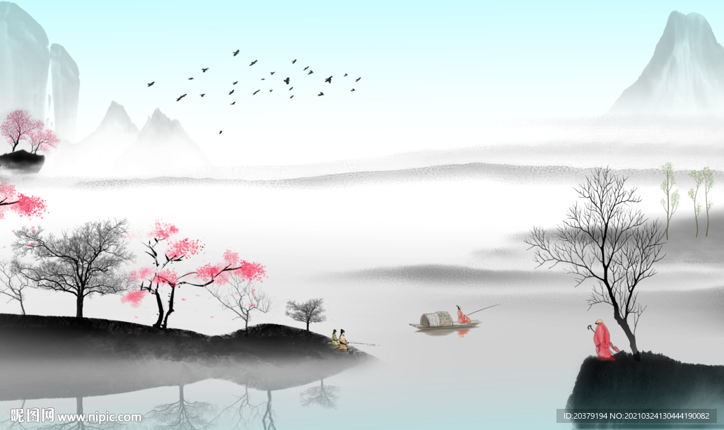 中式简约山水水彩画背景墙