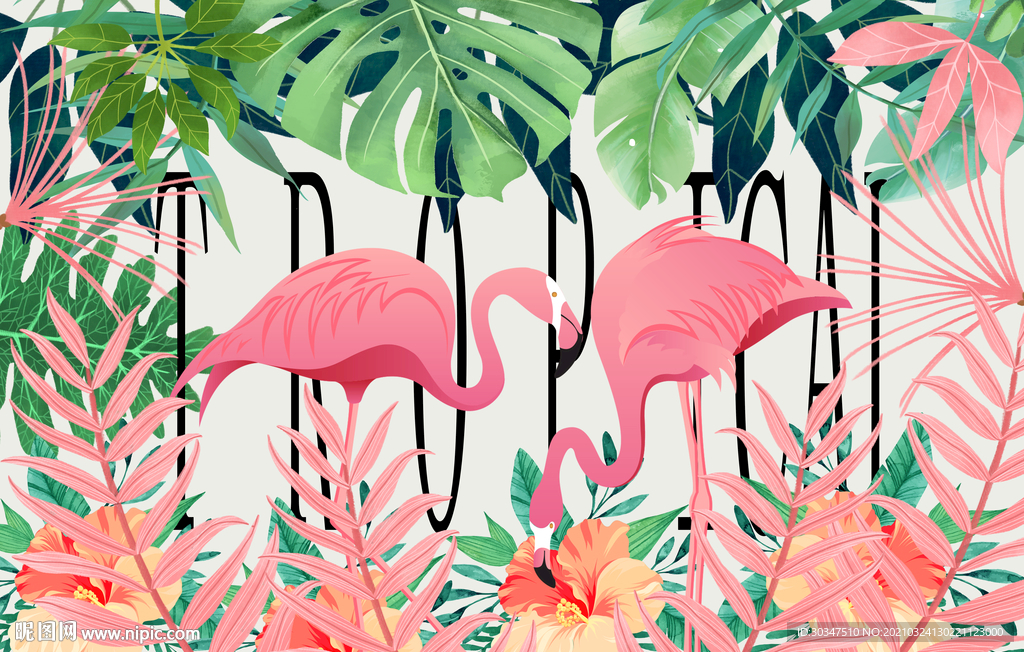 热带雨林火烈鸟背景画图片