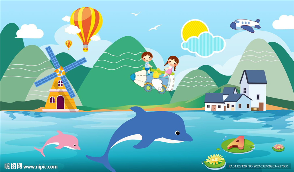 卡通山水房子儿童海豚图片