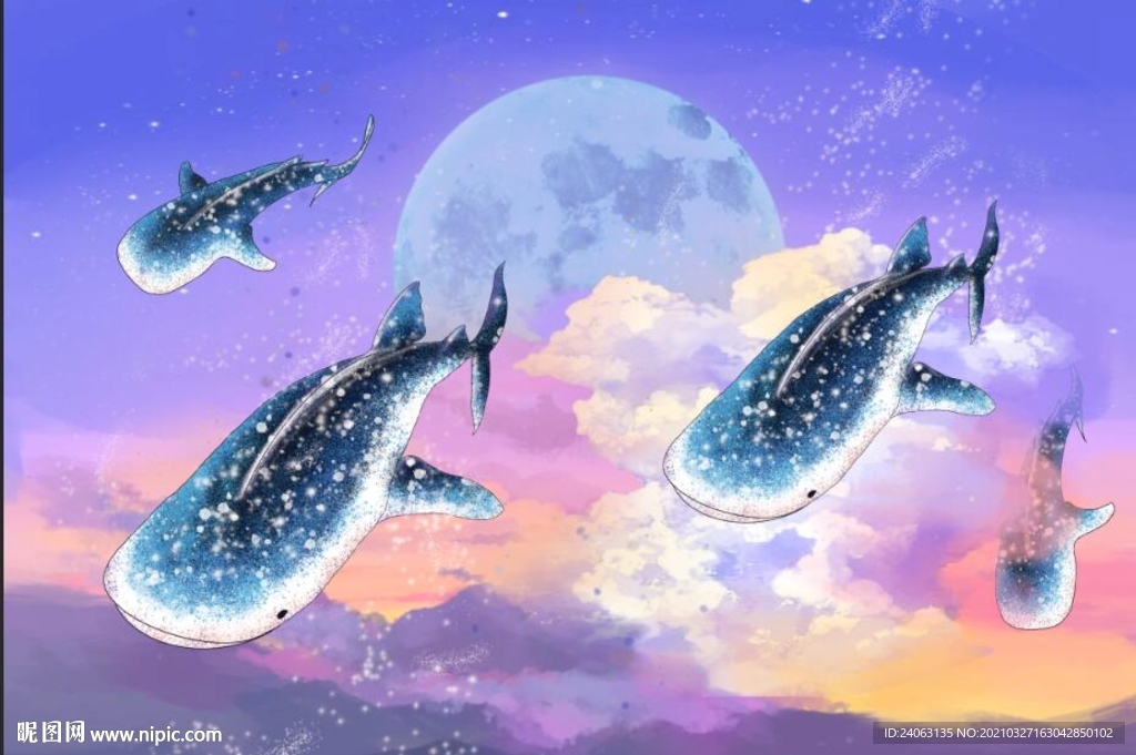 唯美天空梦幻云彩鲸鱼房间壁画