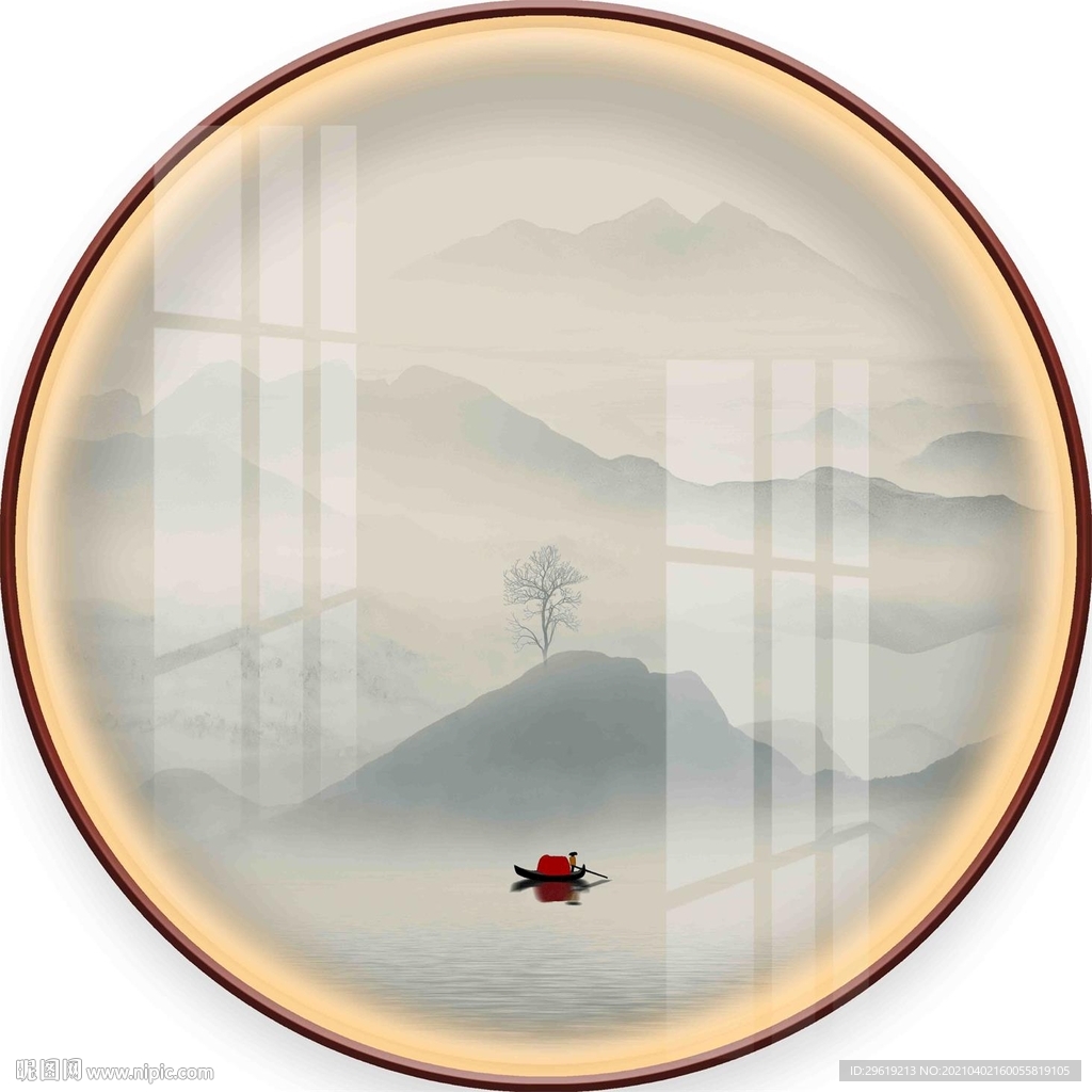 新中式意境水墨山水圆形装饰画