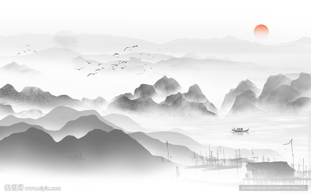 新中式水墨山水背景墻