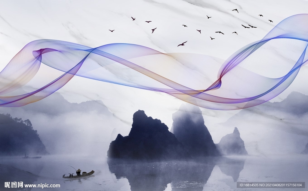抽象山水爵士白缥缈新中式背景墙