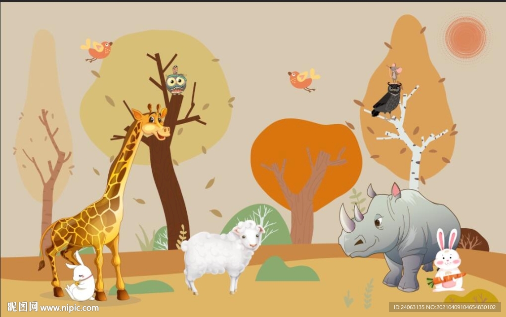 现代简约手绘儿童房森林动物壁画