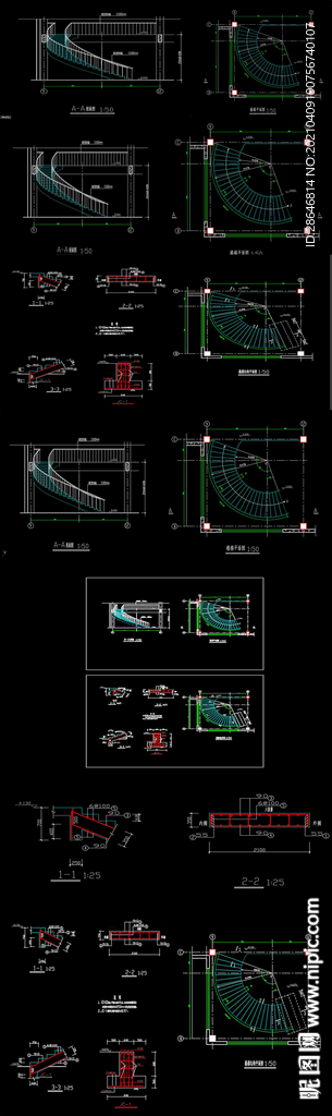 单层扇形旋转混凝土楼梯CAD图