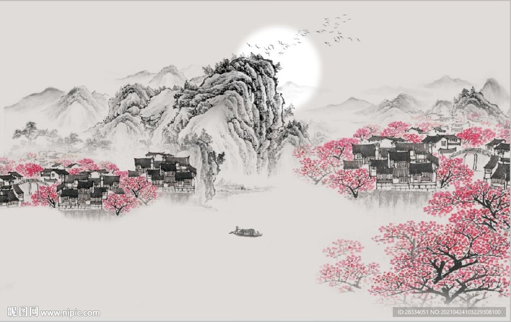 新中式水墨山水民居国画背景墙