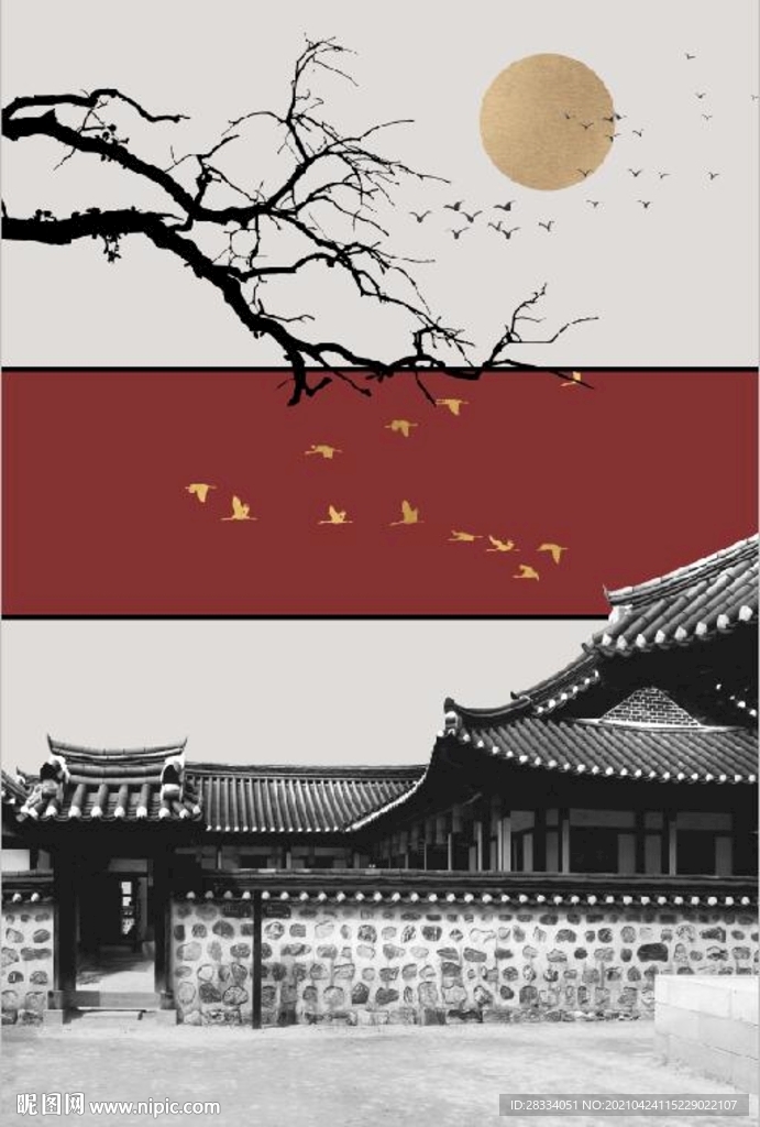 新中式古建筑树枝风景玄关装饰画