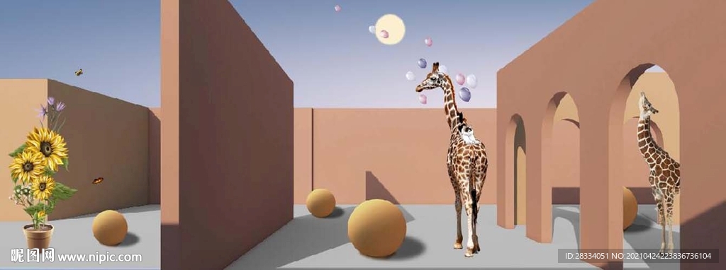 现代抽象立体建筑长颈鹿无框画