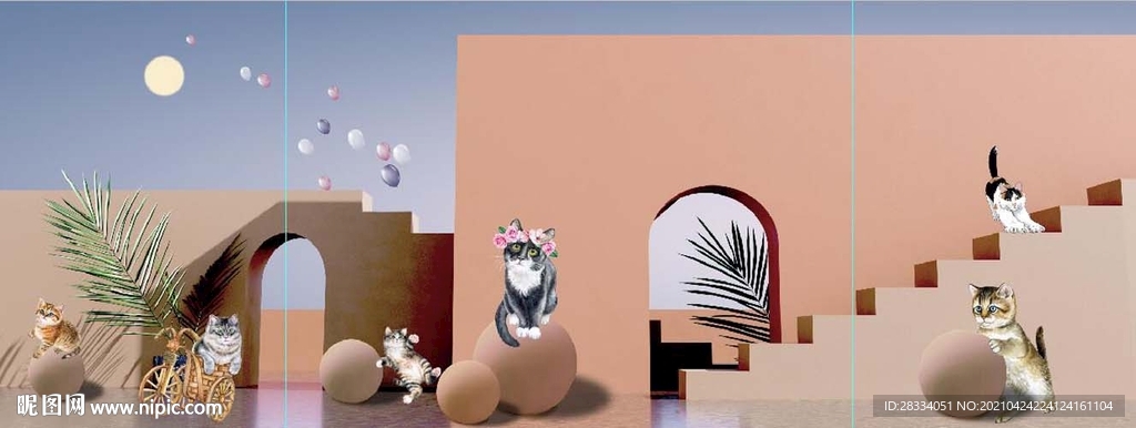 现代抽象立体建筑小猫装饰无框画