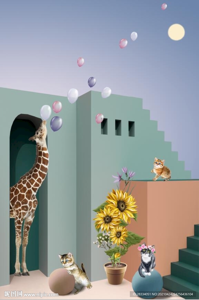 抽象立体建筑长颈鹿玄关装饰画