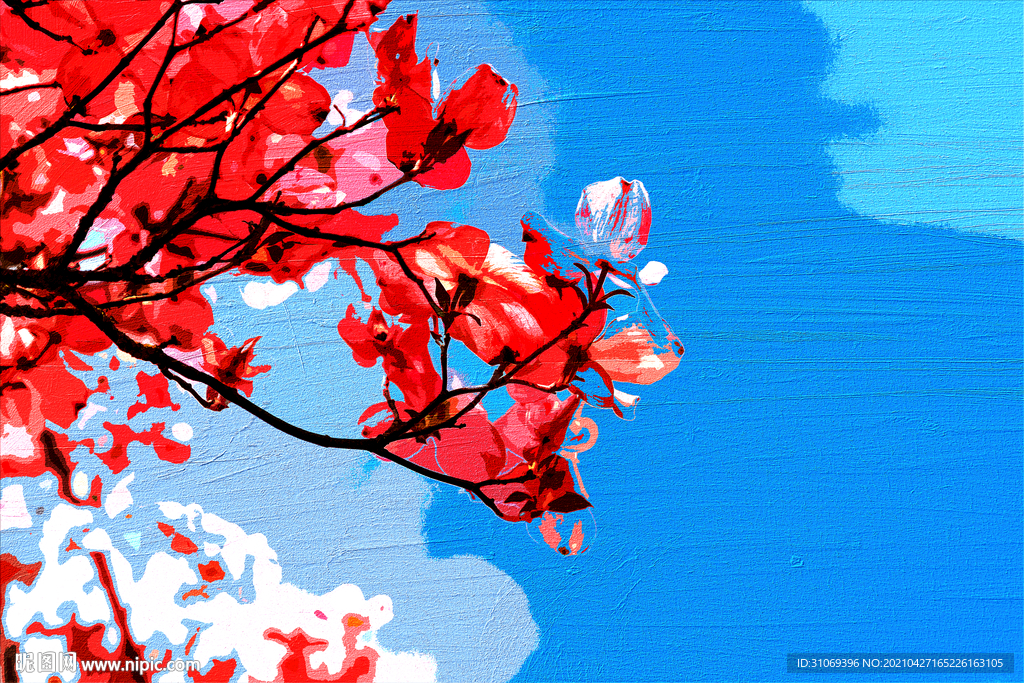 客厅装饰油画蓝天盛开的红花