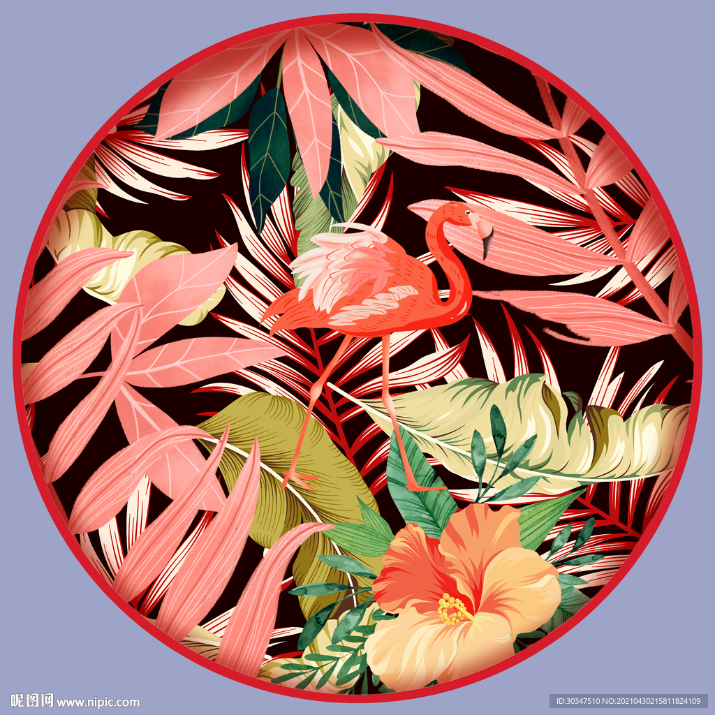 热带雨林火烈鸟圆形装饰画