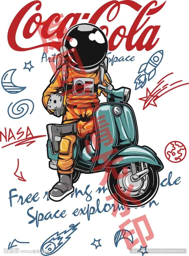 矢量宇航员摩托车T恤图案印花