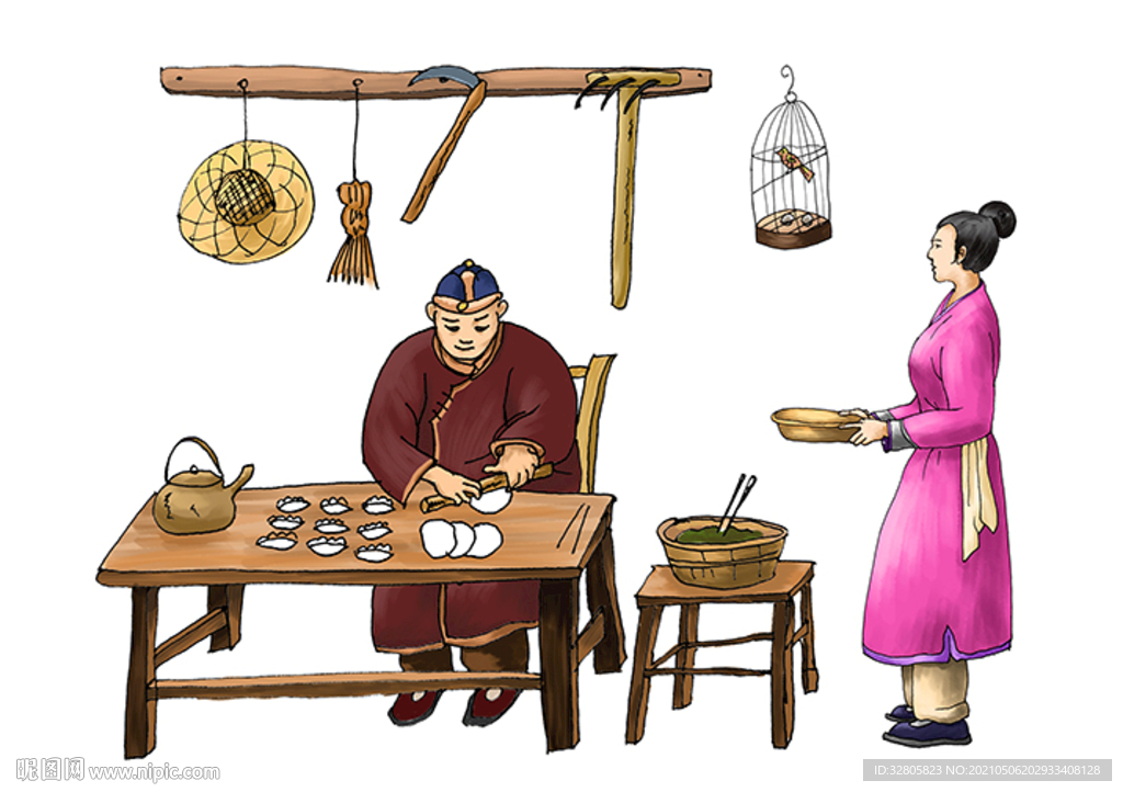 手绘古代包饺子生活素材