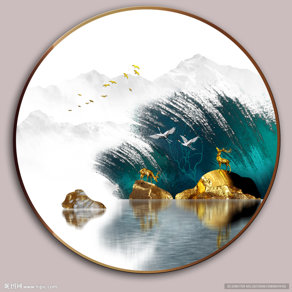 抽象森林金石麋鹿仙鹤山水装饰画