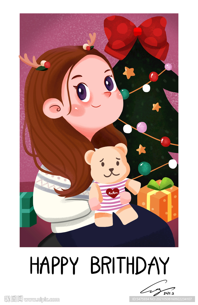 圣誕  女孩 手繪 插畫 生日