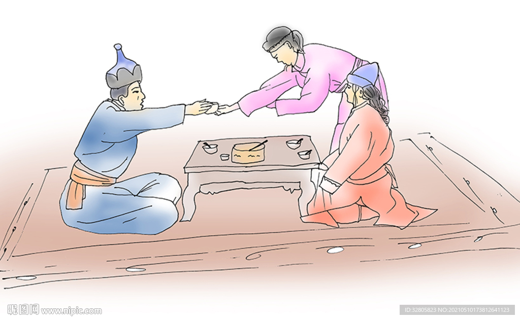 手绘蒙古族喝茶人物插画