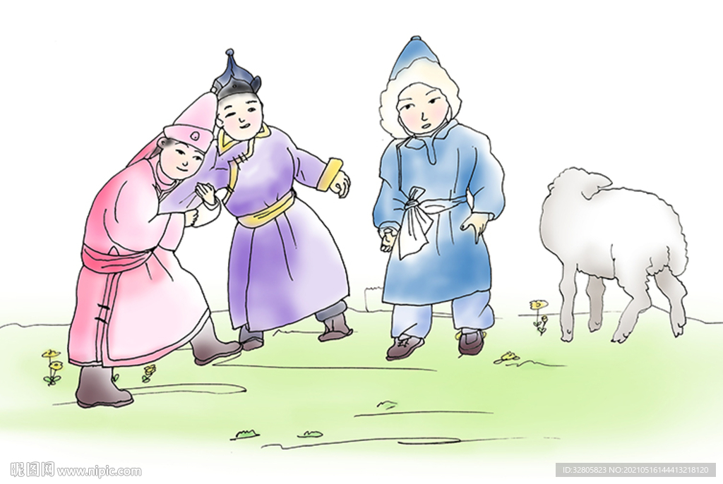 手繪蒙古兒童生活插畫素材