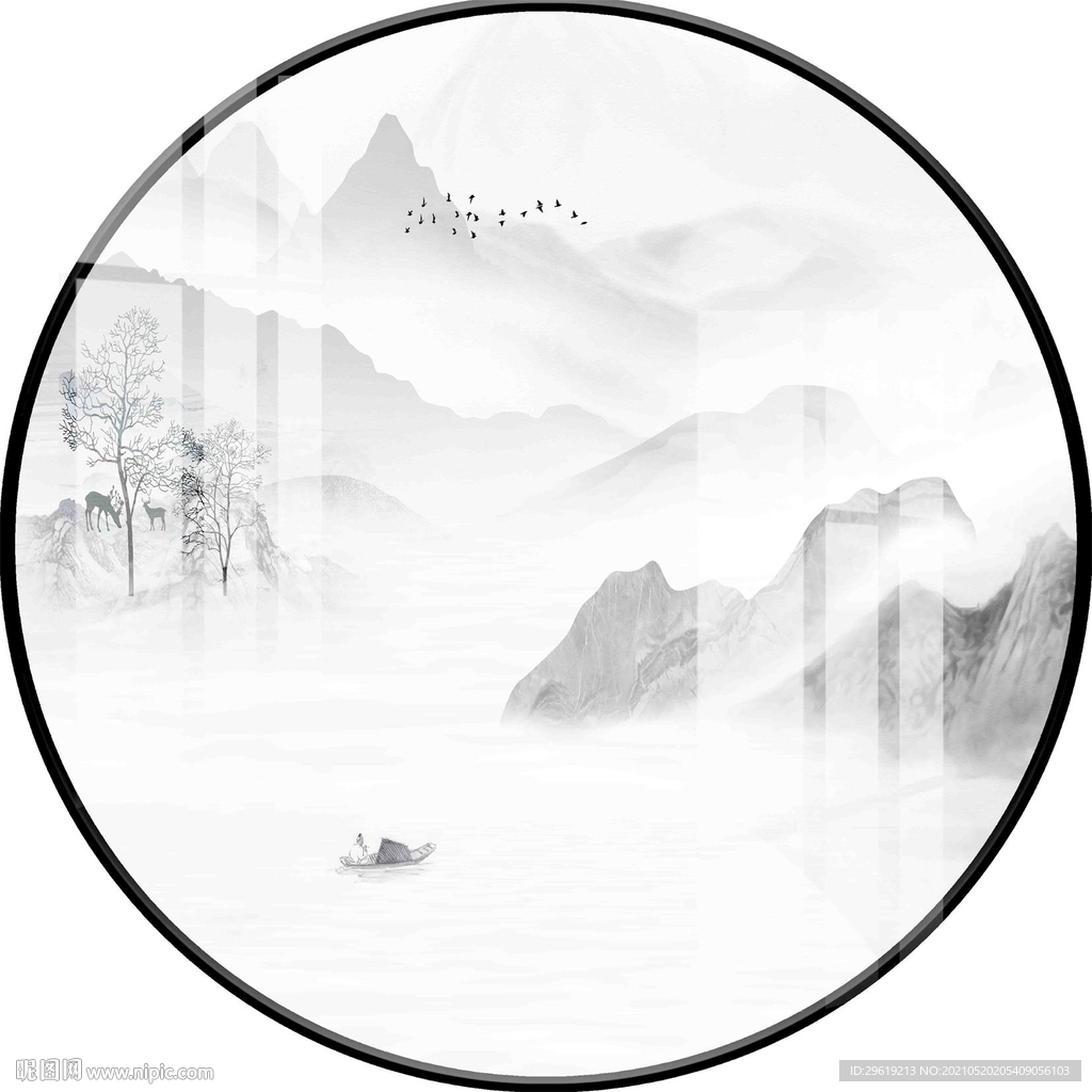 新中式轻奢山水圆形装饰画