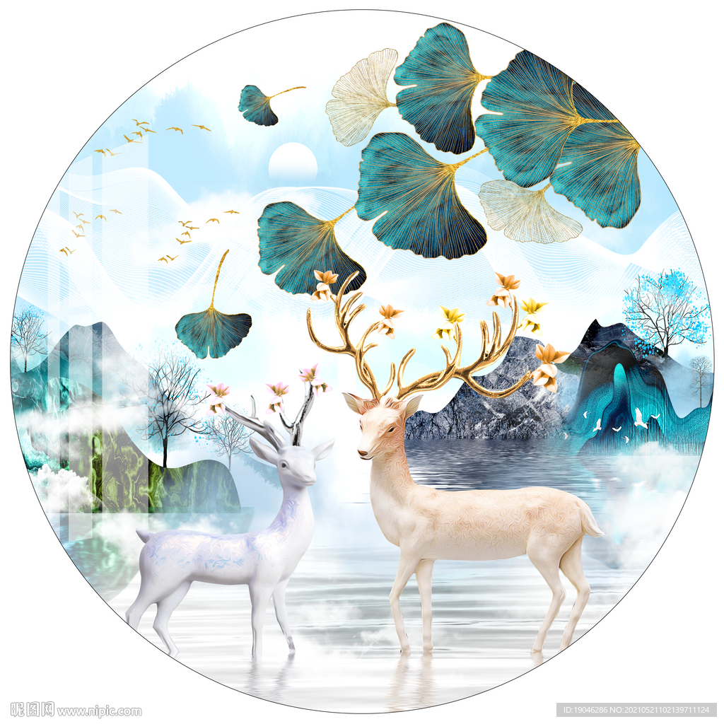 北欧麋鹿银杏叶圆形装饰画