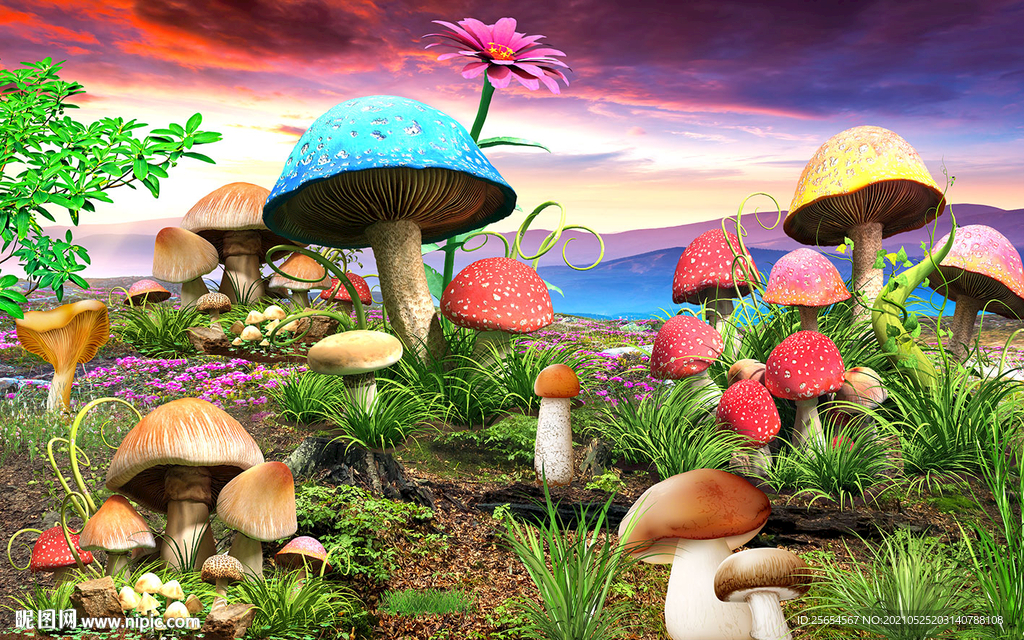 童话世界蘑菇梦幻场景风景画背景