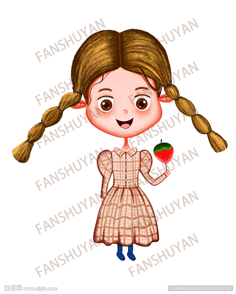 插畫女孩手拿草莓棒棒糖