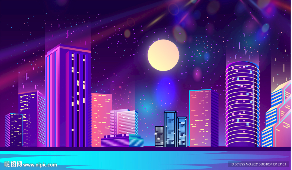 賽博朋克城市月亮夜空星光
