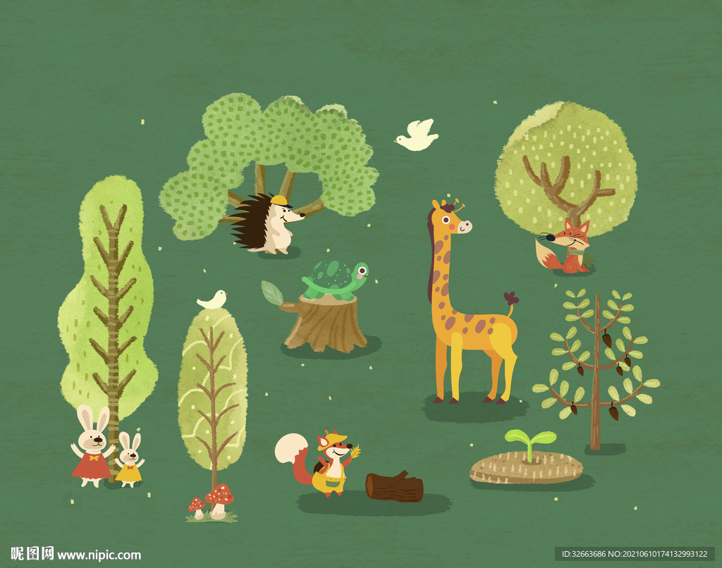 卡通手绘树动物