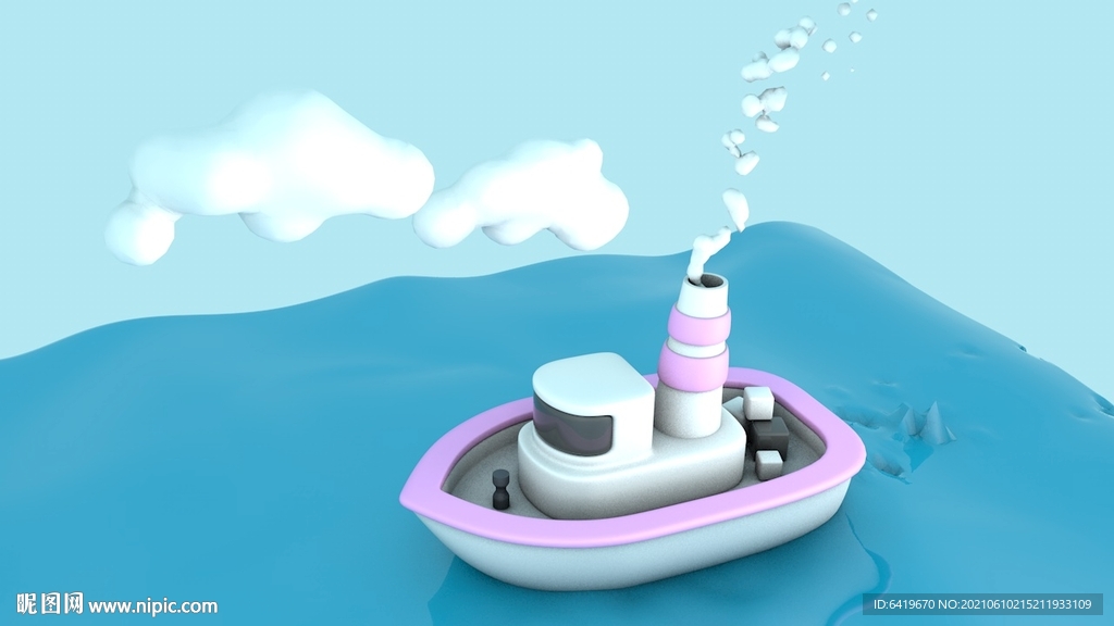 藍色海洋白云卡通游輪C4D立體