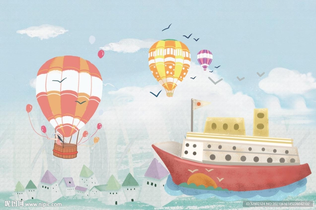 卡通手绘轮船热气球云朵儿童壁画