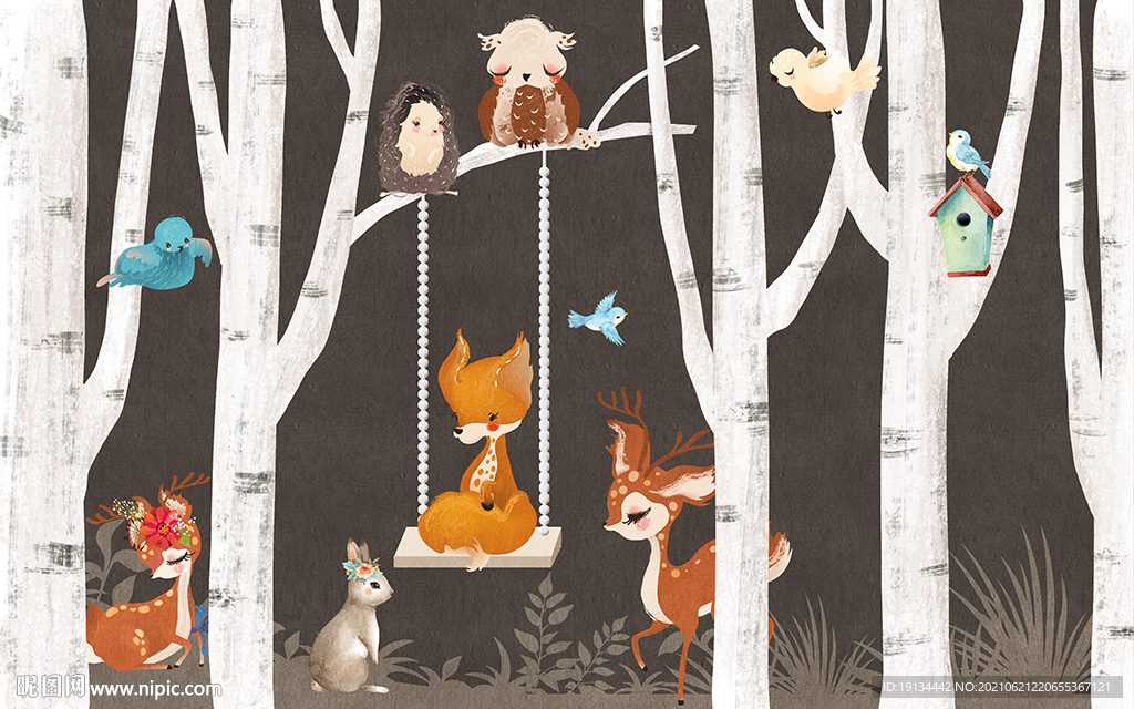 卡通动物树林风景儿童房壁画