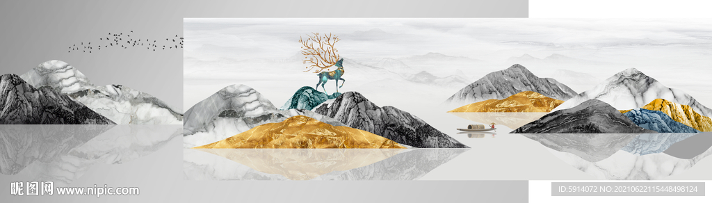 装饰画 帆船 麋鹿 抽象山水画
