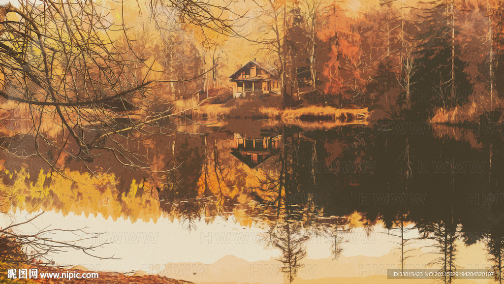 树林房子湖泊手绘水彩油画装饰画