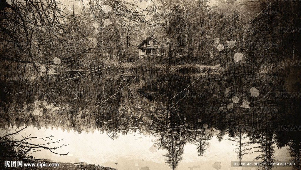 暗黑树林房子湖泊手绘素描素材