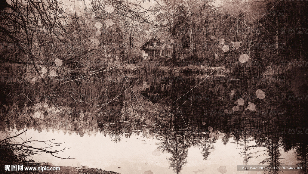 暗黑森林房子湖泊手绘素描装饰画