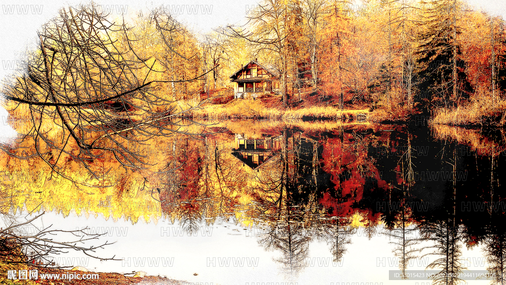 树林房子湖泊手绘素描装饰画素材