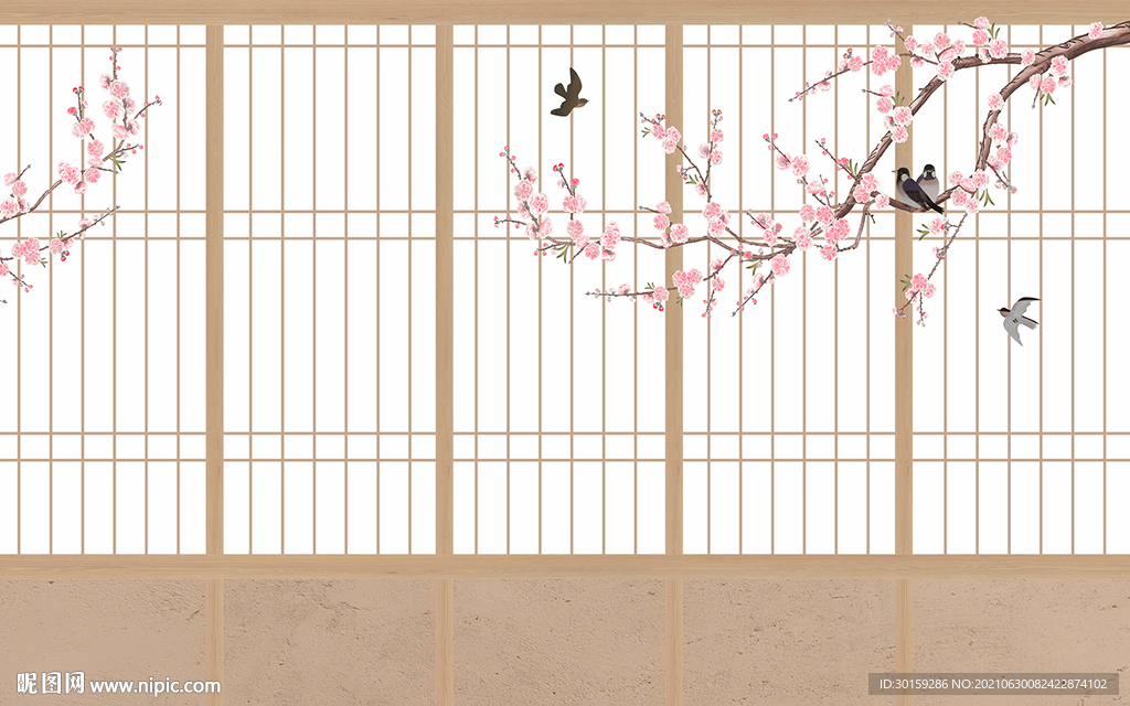 日式櫻花花鳥