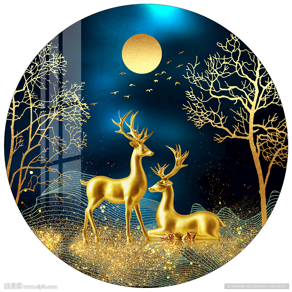 金色麋鹿发财树圆形装饰画