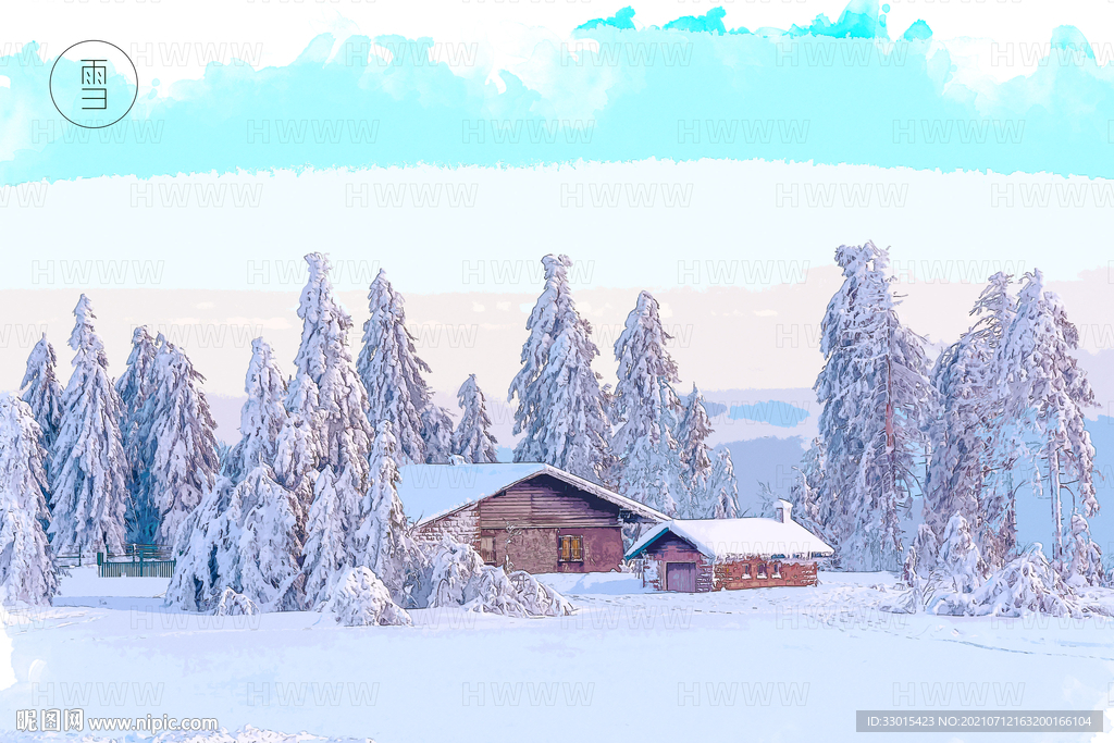 雪景雪松房子唯美手绘插画背景