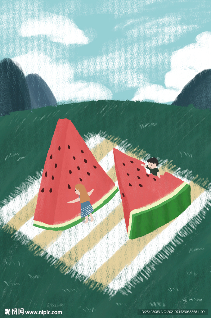 夏天吃西瓜扁平插畫