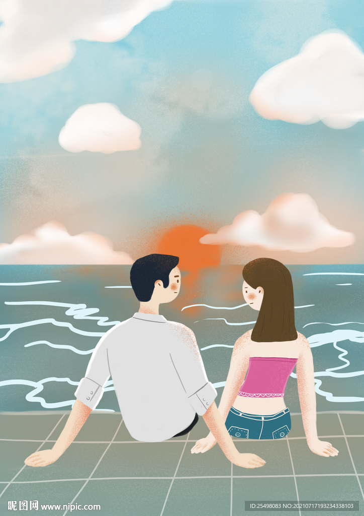 情侶海邊看日落插畫