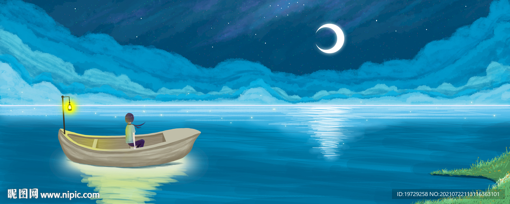 月光湖面小船插画