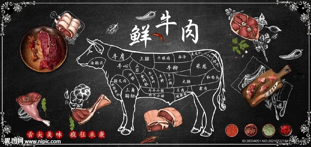 欧美风鲜牛肉餐饮背景墙壁画